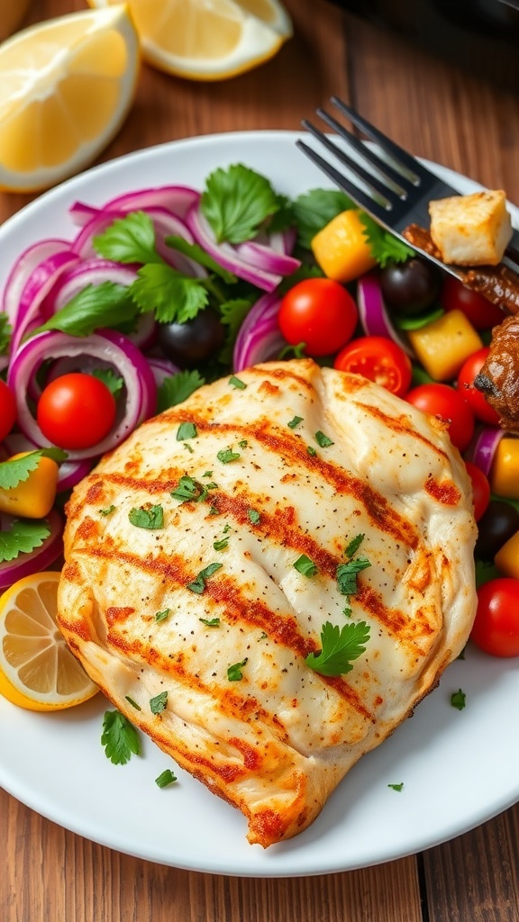 Air fryer chicken breast marinated in yogurt, garnished with herbs, served with salad and lemon wedges.